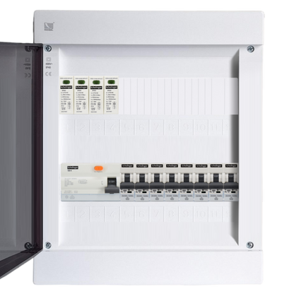 Sicherungskasten, 2,3,4,5 Reihig, Aufputz, Unterputz, Hohlwand, verdrahtet, VDE 1 x FI 40A/30mA + 8 x 1P LS B16
