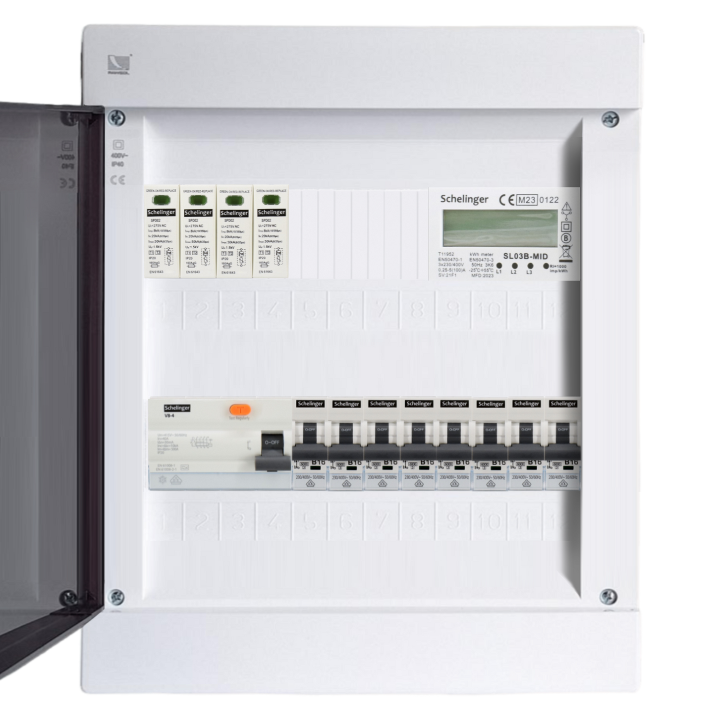 Sicherungskasten, 2,3,4,5 Reihig, Aufputz, Unterputz, Hohlwand, verdrahtet, VDE 1 x FI 40A/30mA + 8 x 1P LS B16