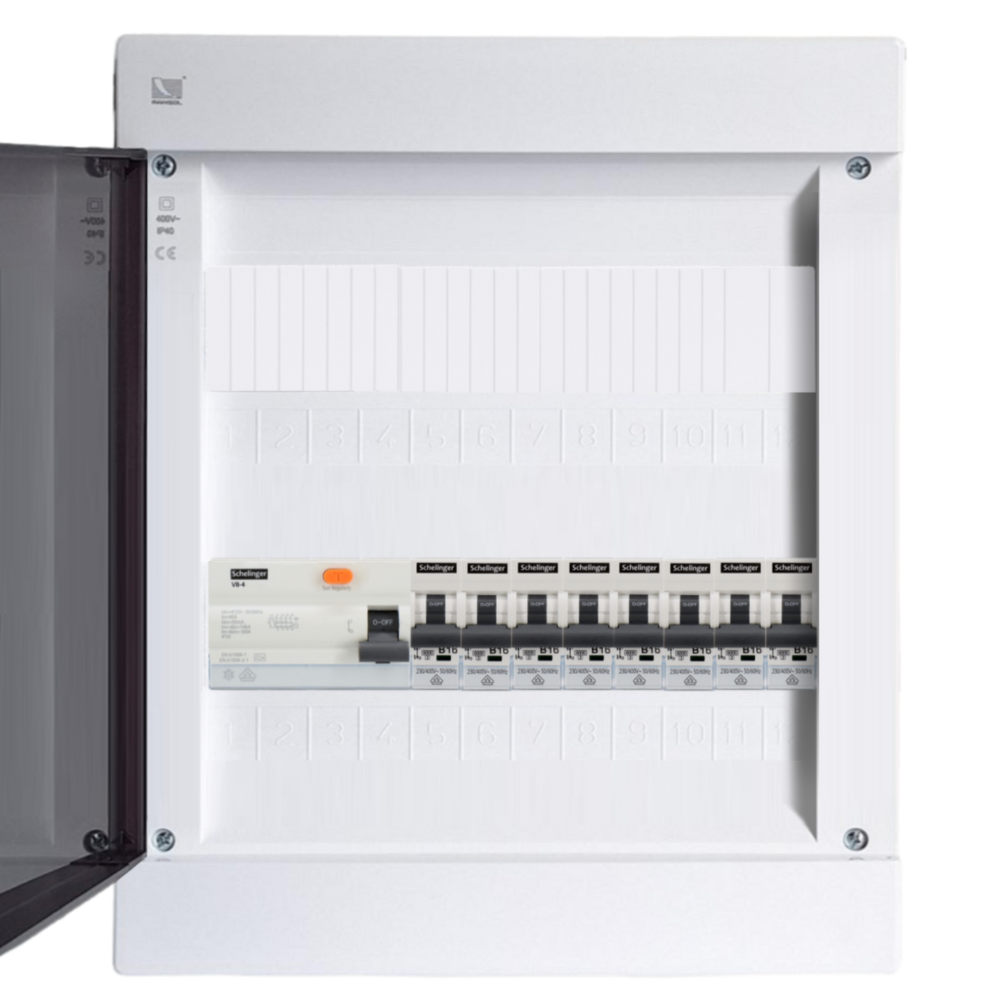 Sicherungskasten, 2,3,4,5 Reihig, Aufputz, Unterputz, Hohlwand, verdrahtet, VDE 1 x FI 40A/30mA + 8 x 1P LS B16