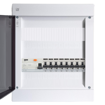 Sicherungskasten, 2,3,4,5 Reihig, Aufputz, Unterputz, Hohlwand, verdrahtet, VDE 1 x FI 40A/30mA + 8 x 1P LS B16