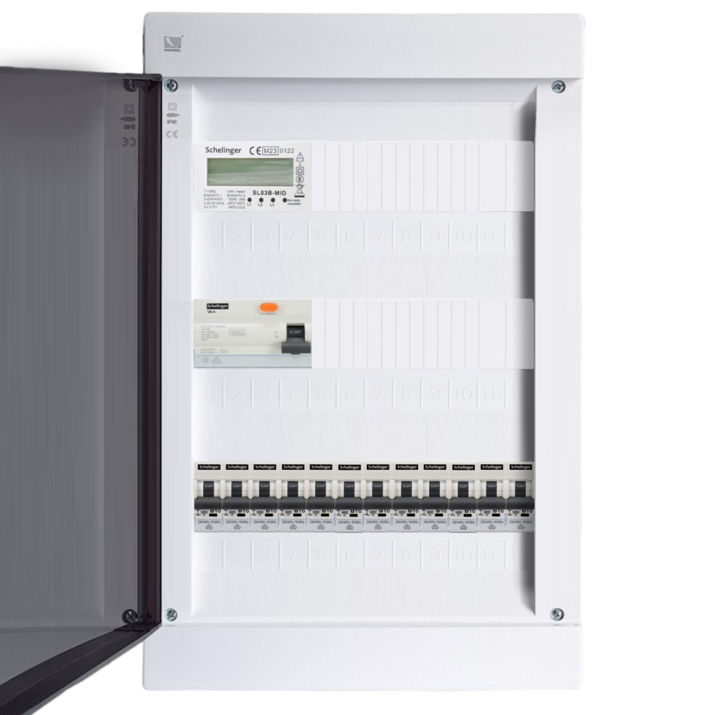 Sicherungskasten, 2,3,4,5 Reihig, Aufputz, Unterputz, Hohlwand, verdrahtet, VDE 1 x FI 40A/30mA + 12 x 1P LS B16