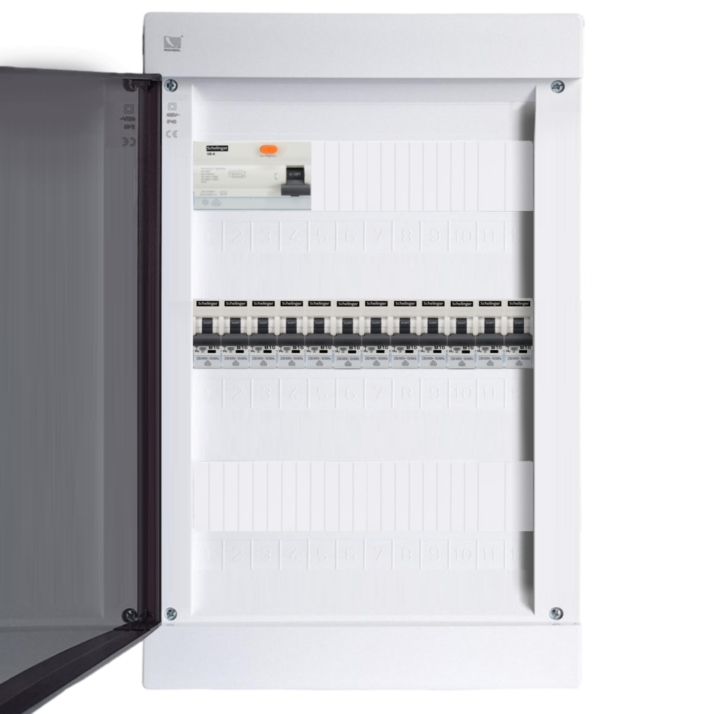 Sicherungskasten, 2,3,4,5 Reihig, Aufputz, Unterputz, Hohlwand, verdrahtet, VDE 1 x FI 40A/30mA + 12 x 1P LS B16