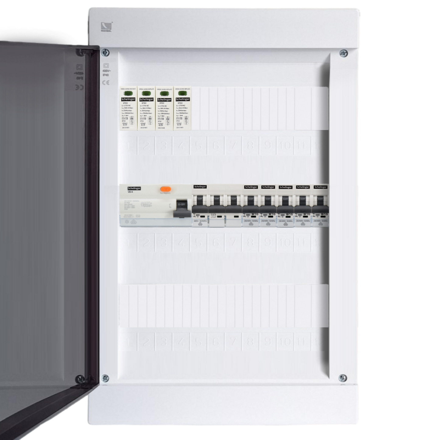Sicherungskasten, 2,3,4,5 Reihig, Aufputz, Unterputz, Hohlwand, verdrahtet, VDE 1 x FI 40A/30mA + 1 x 3P LS B16 + 5 x 1P LS B16