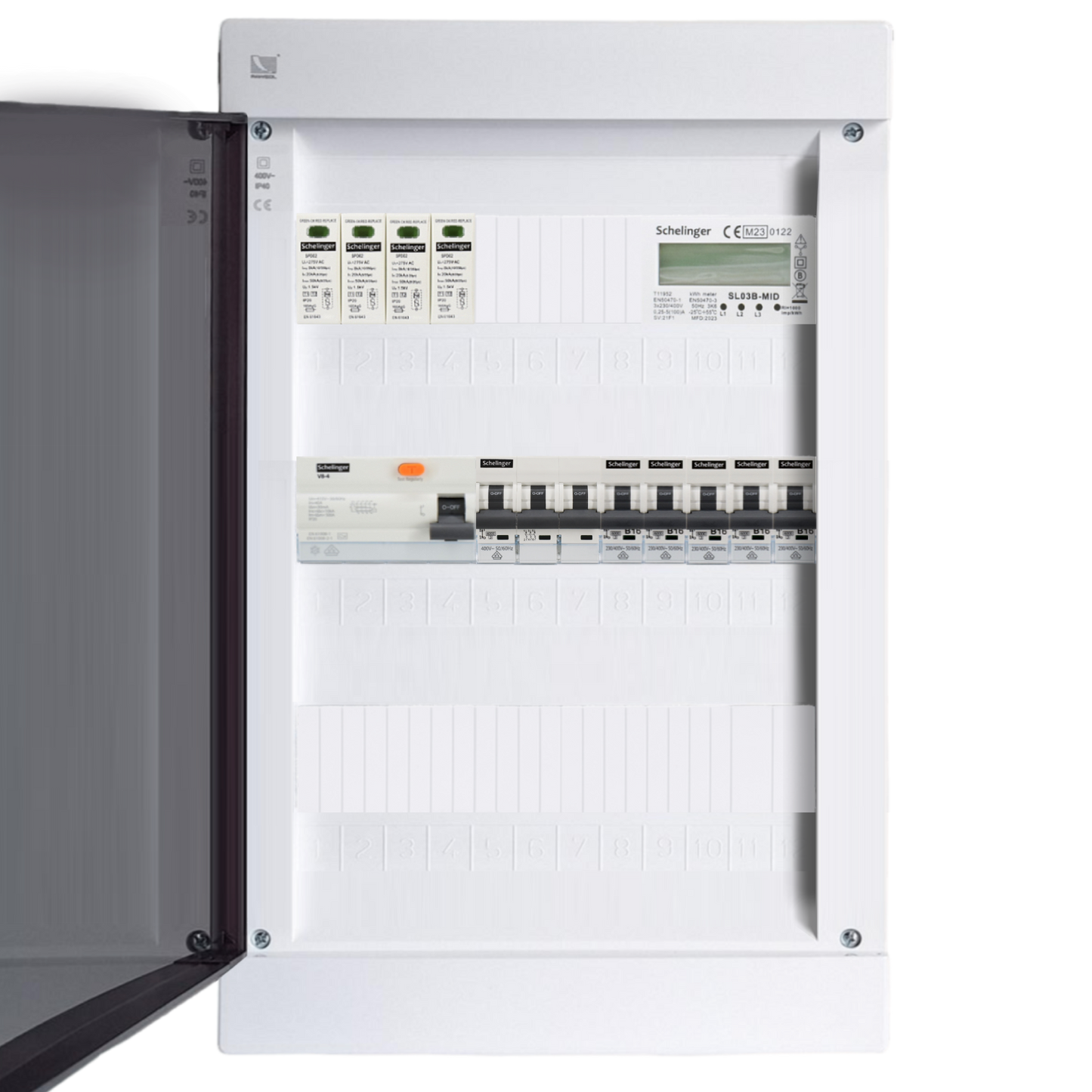 Sicherungskasten, 2,3,4,5 Reihig, Aufputz, Unterputz, Hohlwand, verdrahtet, VDE 1 x FI 40A/30mA + 1 x 3P LS B16 + 5 x 1P LS B16
