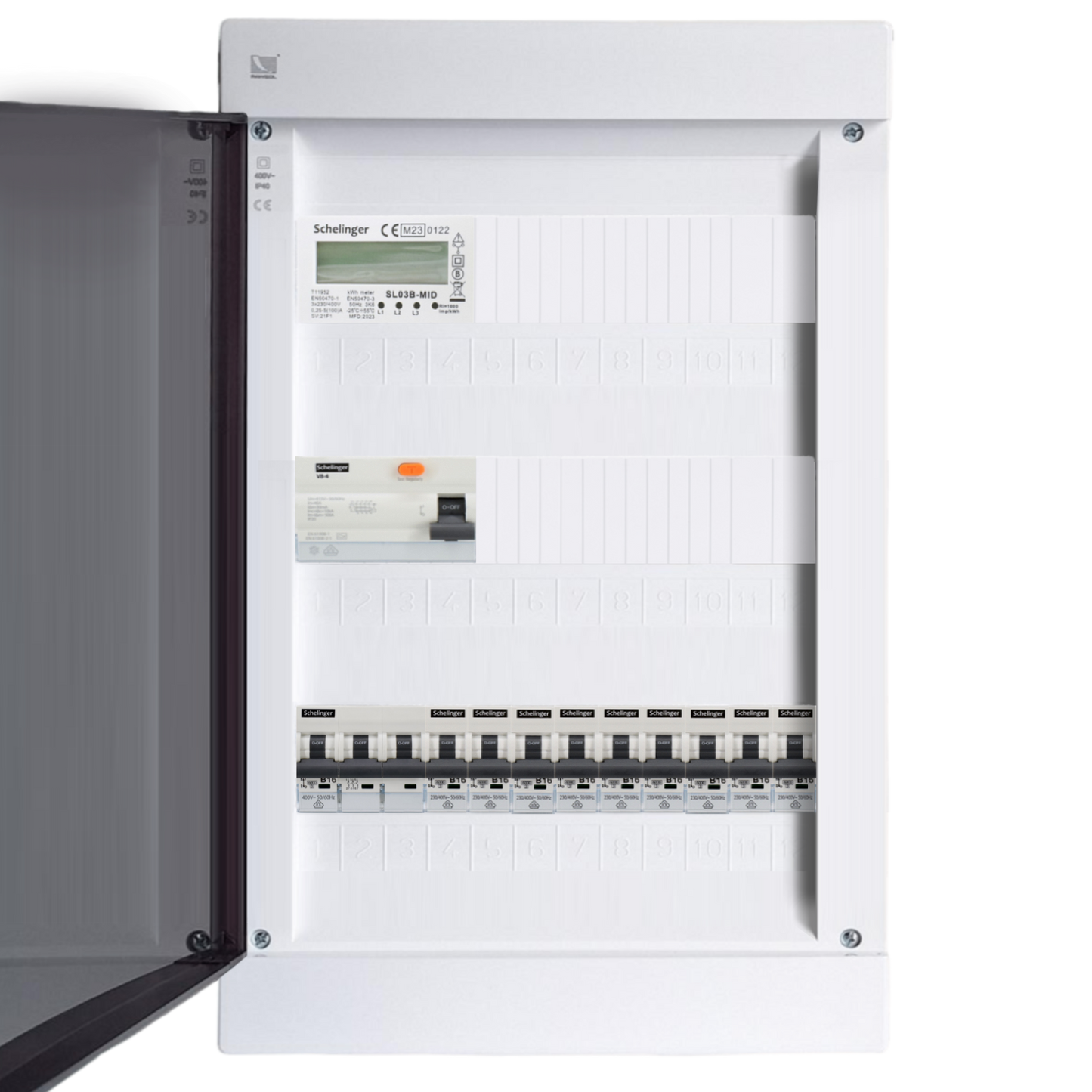 Sicherungskasten, 2,3,4,5 Reihig, Aufputz, Unterputz, Hohlwand, verdrahtet, VDE 1 x FI 40A/30mA + 1 x 3P LS B16  + 9 x 1P LS B16