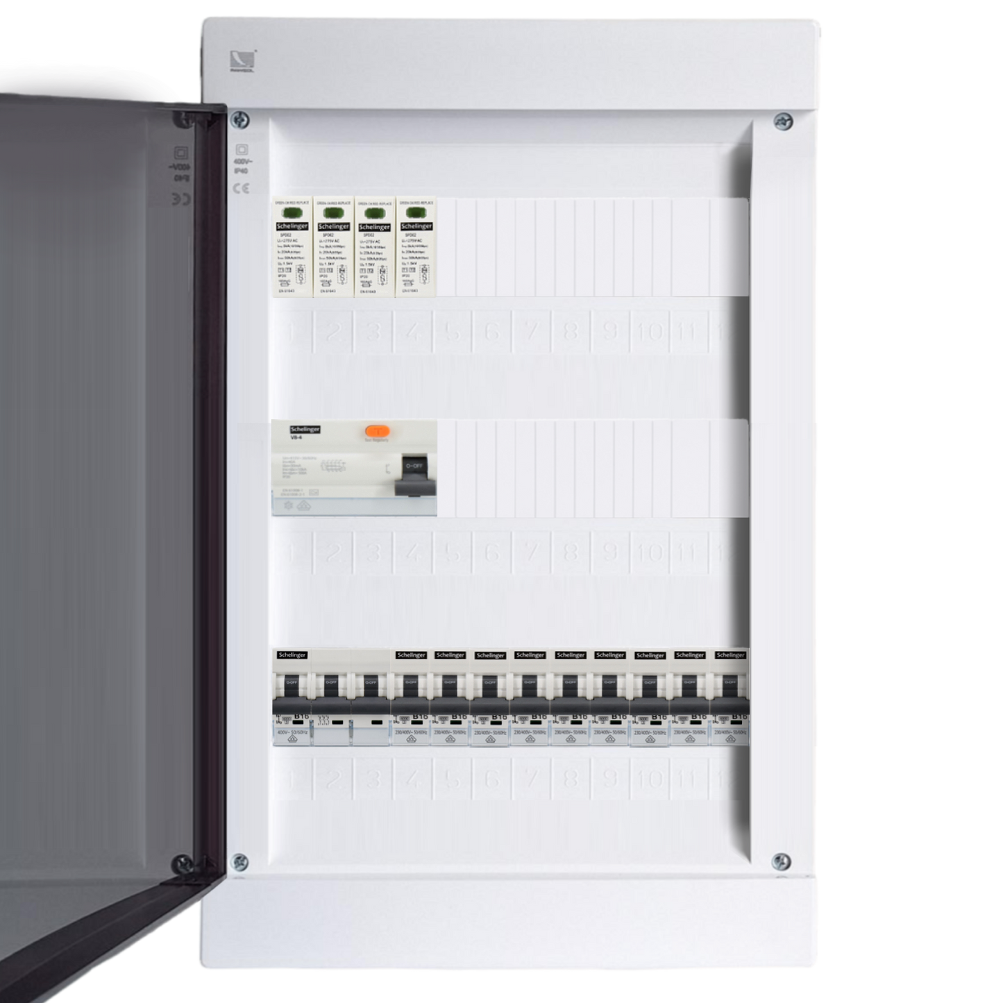 Sicherungskasten, 2,3,4,5 Reihig, Aufputz, Unterputz, Hohlwand, verdrahtet, VDE 1 x FI 40A/30mA + 1 x 3P LS B16  + 9 x 1P LS B16