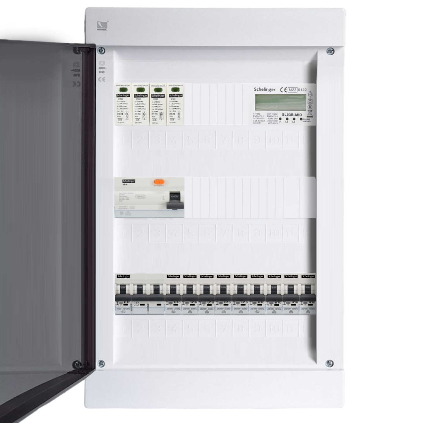 Sicherungskasten, 2,3,4,5 Reihig, Aufputz, Unterputz, Hohlwand, verdrahtet, VDE 1 x FI 40A/30mA + 1 x 3P LS B32  + 9 x 1P LS B16