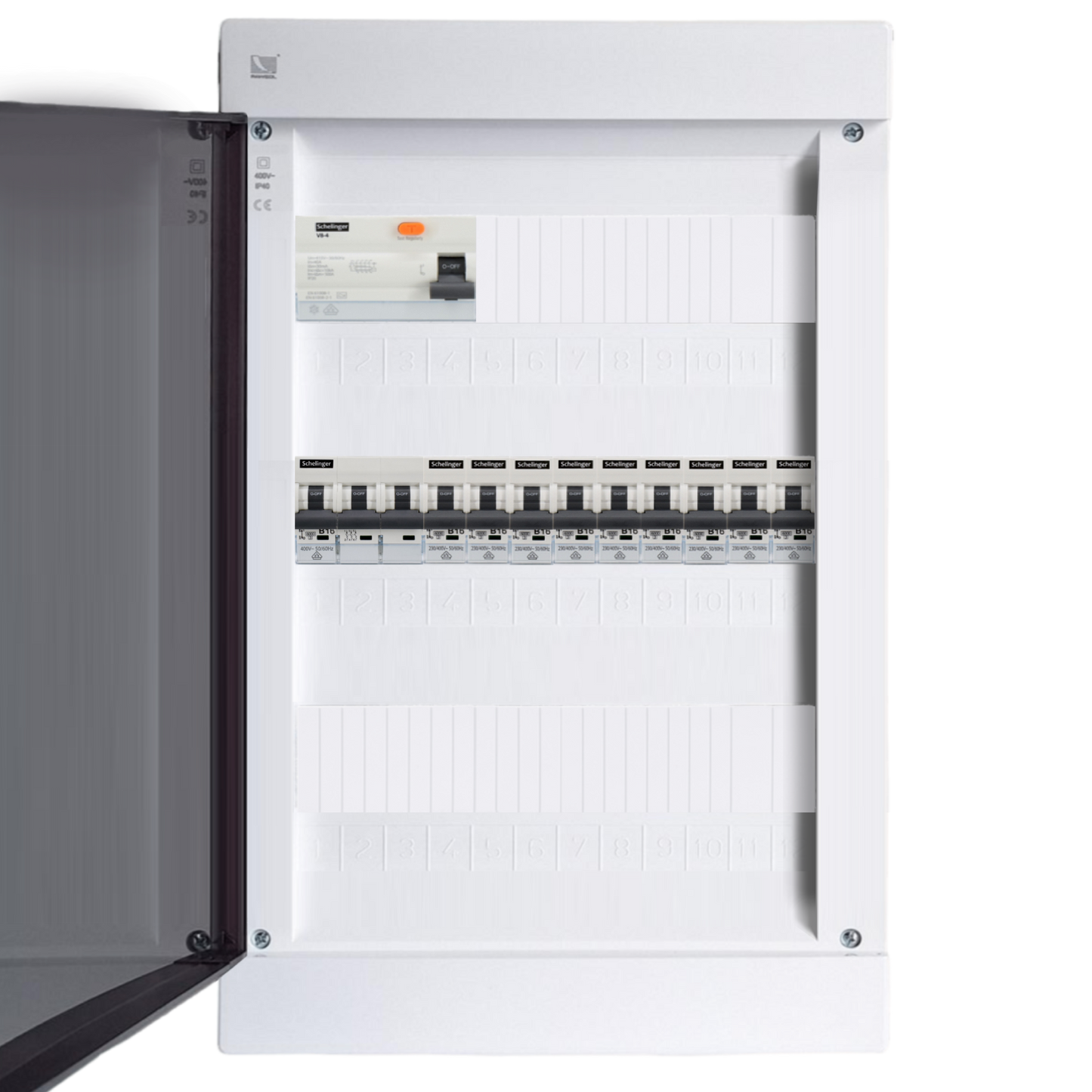 Sicherungskasten, 2,3,4,5 Reihig, Aufputz, Unterputz, Hohlwand, verdrahtet, VDE 1 x FI 40A/30mA + 1 x 3P LS B32  + 9 x 1P LS B16