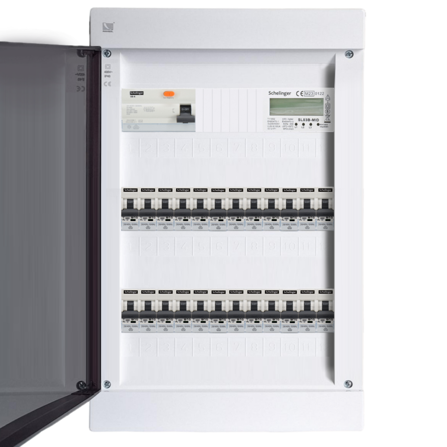 Sicherungskasten,3,4,5 Reihig, Aufputz, Unterputz, Hohlwand, verdrahtet, VDE 1 x FI 40A/30mA + 24 x 1P LS B16