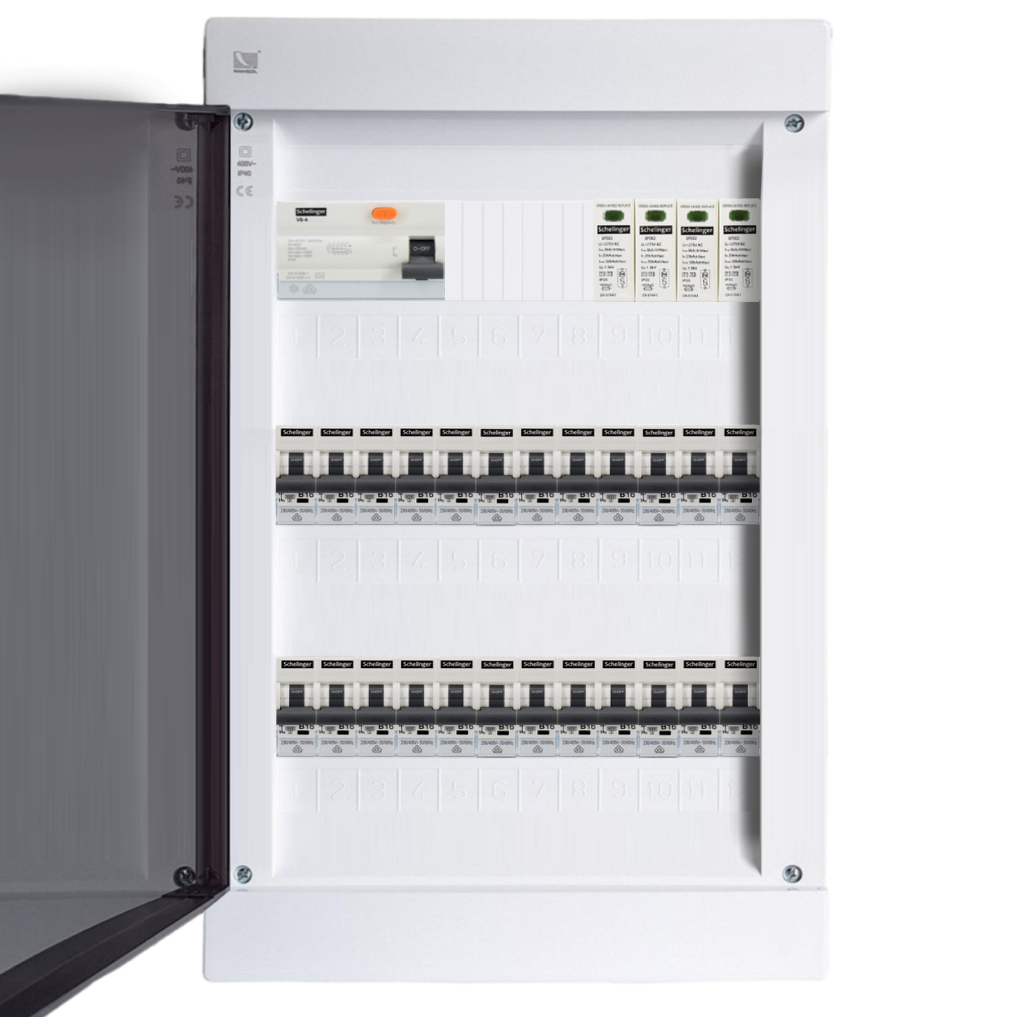 Sicherungskasten,3,4,5 Reihig, Aufputz, Unterputz, Hohlwand, verdrahtet, VDE 1 x FI 40A/30mA + 24 x 1P LS B16
