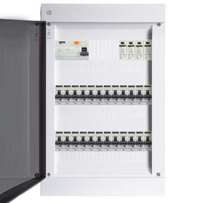 Sicherungskasten,3,4,5 Reihig, Aufputz, Unterputz, Hohlwand, verdrahtet, VDE 1 x FI 40A/30mA + 24 x 1P LS B16