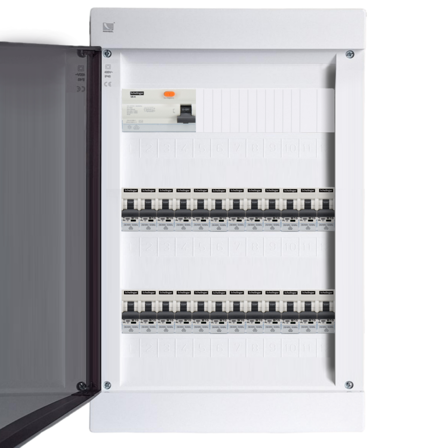 Sicherungskasten,3,4,5 Reihig, Aufputz, Unterputz, Hohlwand, verdrahtet, VDE 1 x FI 40A/30mA + 24 x 1P LS B16