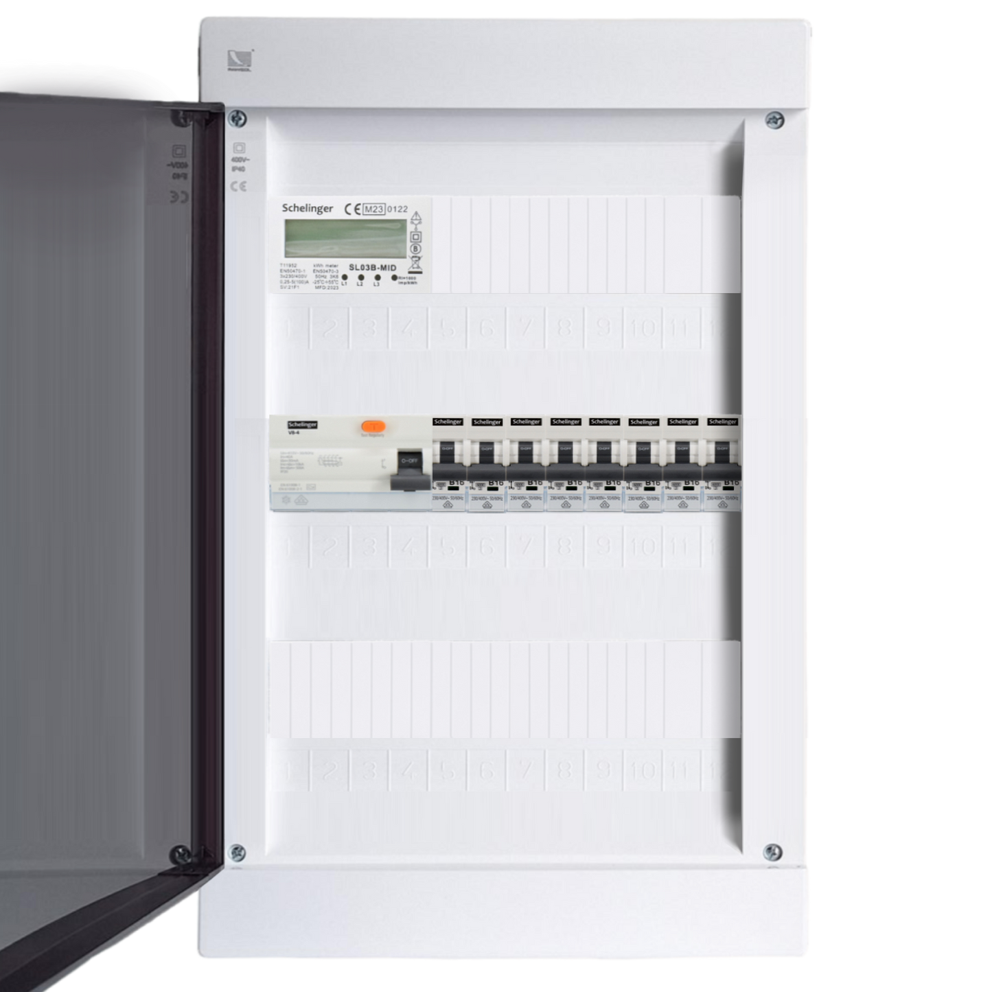 Sicherungskasten, 2,3,4,5 Reihig, Aufputz, Unterputz, Hohlwand, verdrahtet, VDE 1 x FI 40A/30mA + 8 x 1P LS B16