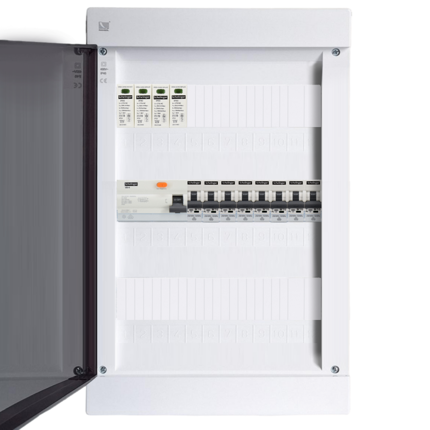 Sicherungskasten, 2,3,4,5 Reihig, Aufputz, Unterputz, Hohlwand, verdrahtet, VDE 1 x FI 40A/30mA + 8 x 1P LS B16