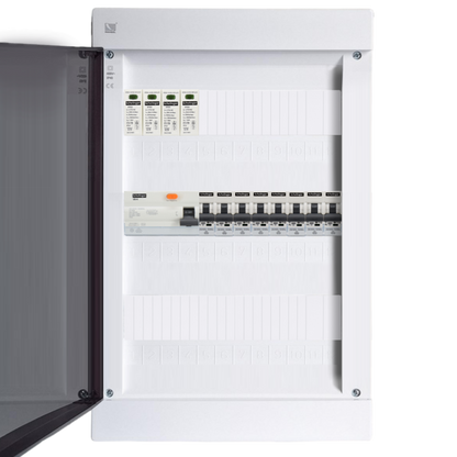 Sicherungskasten, 2,3,4,5 Reihig, Aufputz, Unterputz, Hohlwand, verdrahtet, VDE 1 x FI 40A/30mA + 8 x 1P LS B16