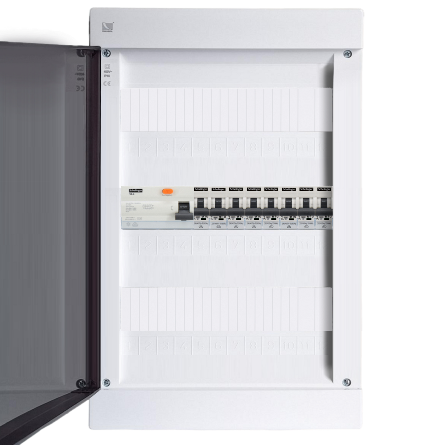 Sicherungskasten, 2,3,4,5 Reihig, Aufputz, Unterputz, Hohlwand, verdrahtet, VDE 1 x FI 40A/30mA + 8 x 1P LS B16