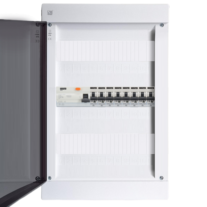 Sicherungskasten, 2,3,4,5 Reihig, Aufputz, Unterputz, Hohlwand, verdrahtet, VDE 1 x FI 40A/30mA + 8 x 1P LS B16
