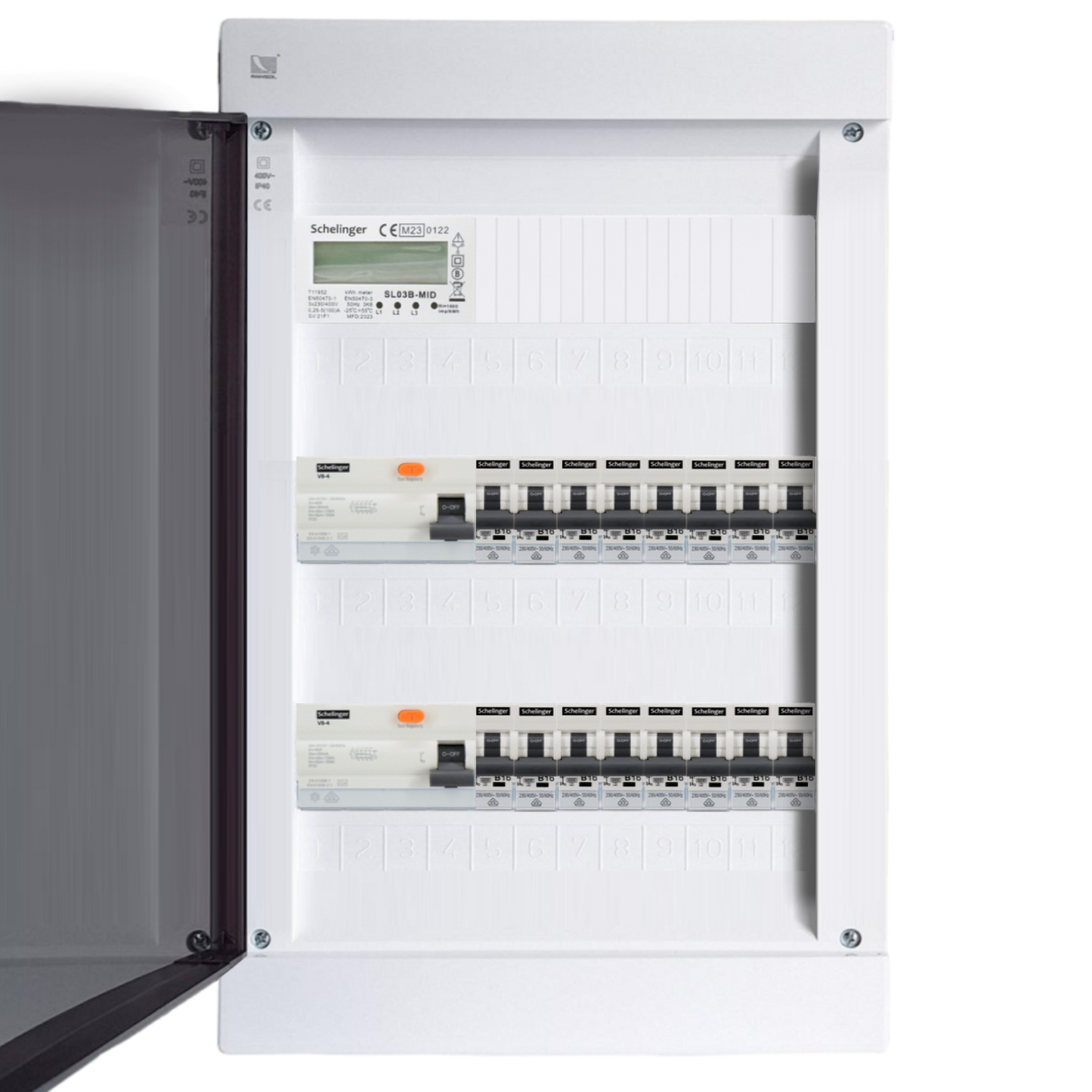 Sicherungskasten,3,4,5 Reihig, Aufputz, Unterputz, Hohlwand, verdrahtet, VDE 2 x FI 40A/30mA + 16 x 1P LS B16