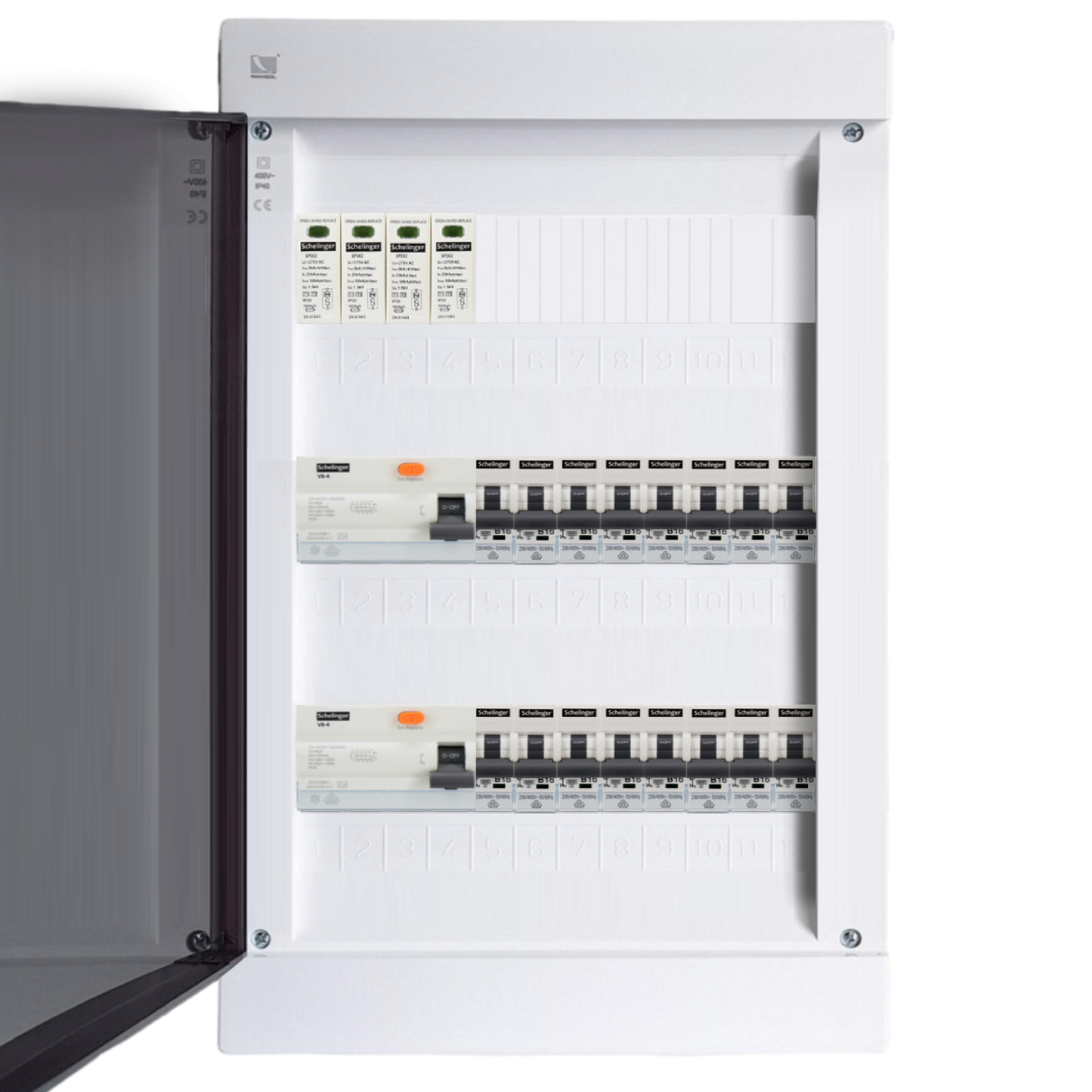 Sicherungskasten,3,4,5 Reihig, Aufputz, Unterputz, Hohlwand, verdrahtet, VDE 2 x FI 40A/30mA + 16 x 1P LS B16