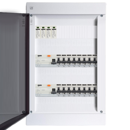 Sicherungskasten,3,4,5 Reihig, Aufputz, Unterputz, Hohlwand, verdrahtet, VDE 2 x FI 40A/30mA + 16 x 1P LS B16
