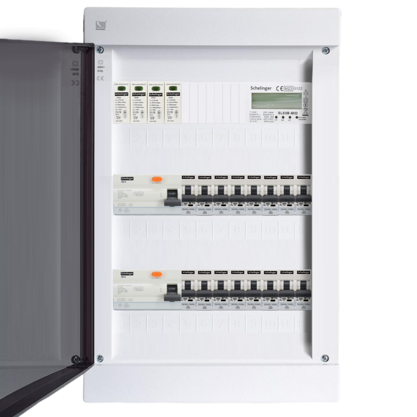 Sicherungskasten,3,4,5 Reihig, Aufputz, Unterputz, Hohlwand, verdrahtet, VDE 2 x FI 40A/30mA + 16 x 1P LS B16