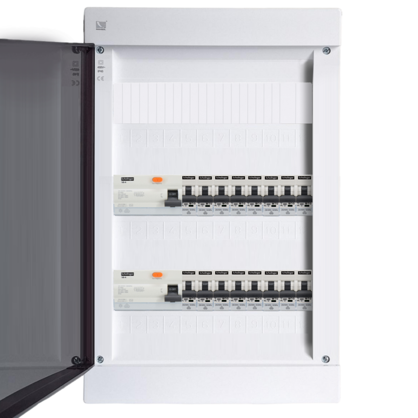 Sicherungskasten,3,4,5 Reihig, Aufputz, Unterputz, Hohlwand, verdrahtet, VDE 2 x FI 40A/30mA + 16 x 1P LS B16
