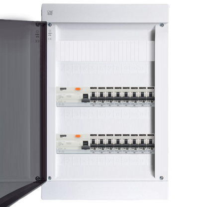 Sicherungskasten,3,4,5 Reihig, Aufputz, Unterputz, Hohlwand, verdrahtet, VDE 2 x FI 40A/30mA + 16 x 1P LS B16