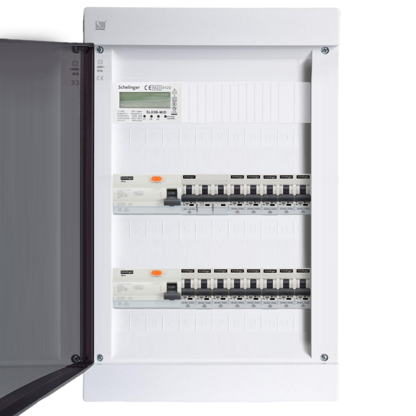 Sicherungskasten,3,4,5 Reihig, Aufputz, Unterputz, Hohlwand, verdrahtet, VDE 2 x FI 40A/30mA + 1 x 3P LS B16 + 13 x 1P LS B16