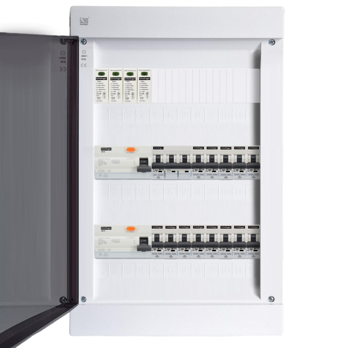 Sicherungskasten,3,4,5 Reihig, Aufputz, Unterputz, Hohlwand, verdrahtet, VDE 2 x FI 40A/30mA + 1 x 3P LS B16 + 13 x 1P LS B16