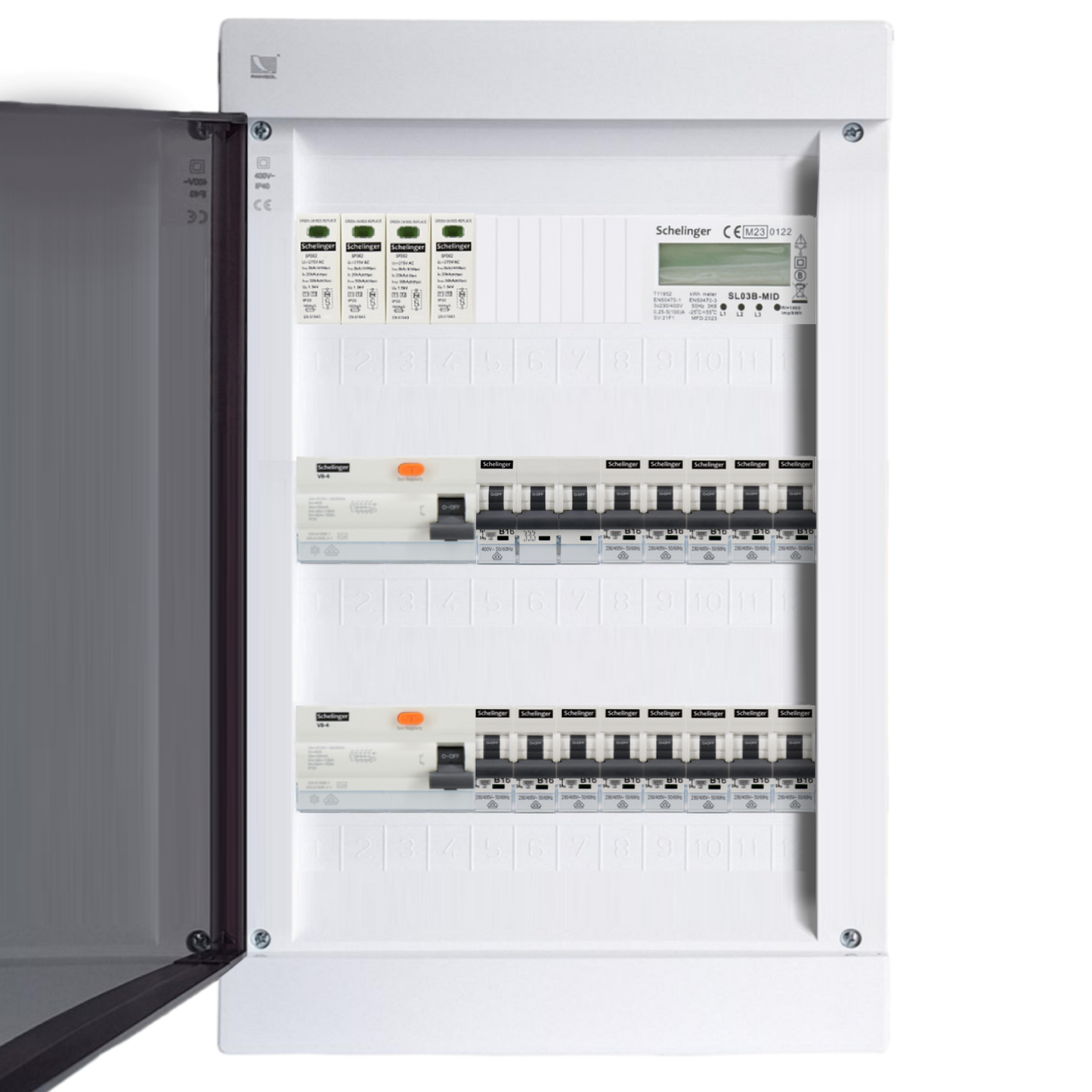 Sicherungskasten,3,4,5 Reihig, Aufputz, Unterputz, Hohlwand, verdrahtet, VDE 2 x FI 40A/30mA + 1 x 3P LS B16 + 13 x 1P LS B16