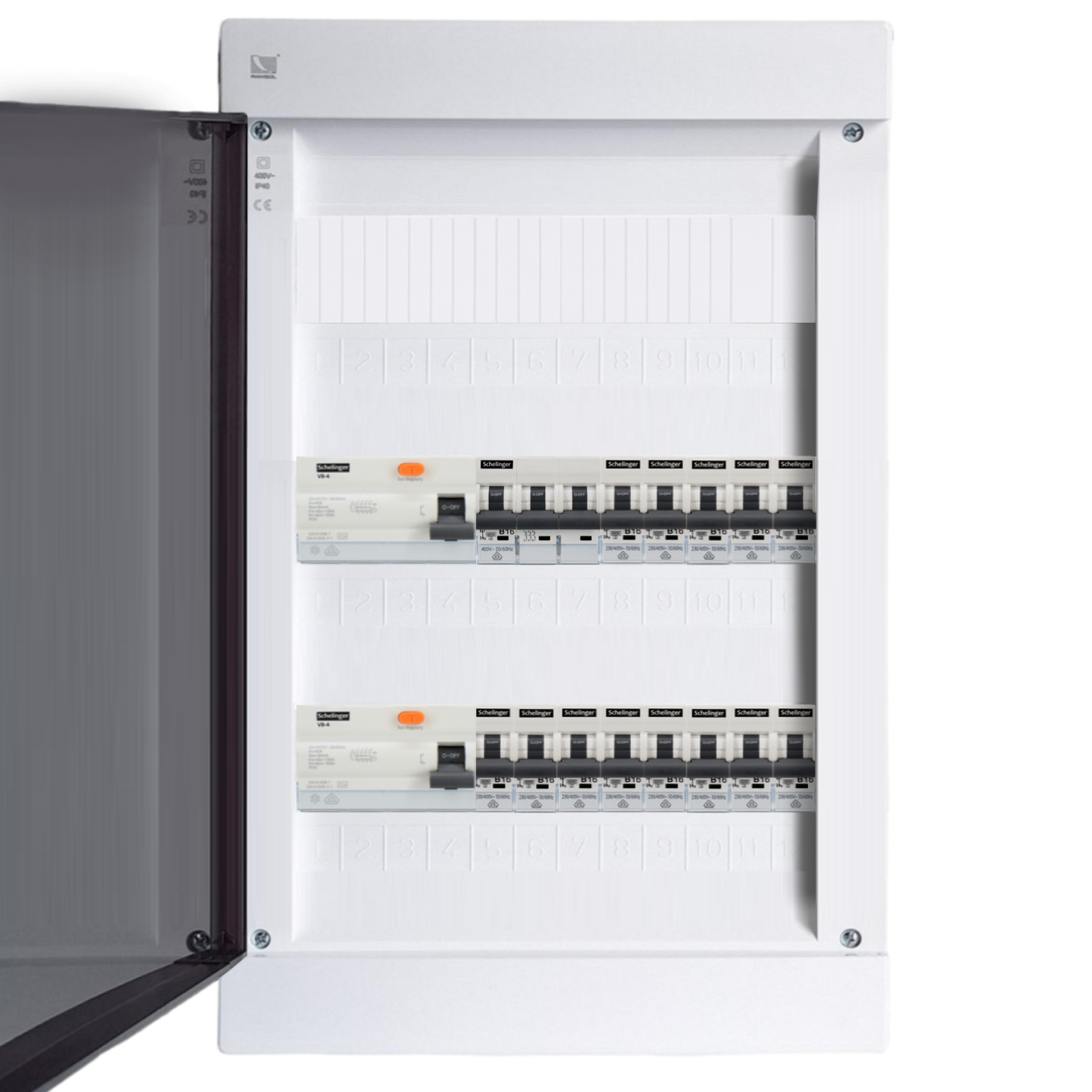 Sicherungskasten,3,4,5 Reihig, Aufputz, Unterputz, Hohlwand, verdrahtet, VDE 2 x FI 40A/30mA + 1 x 3P LS B16 + 13 x 1P LS B16