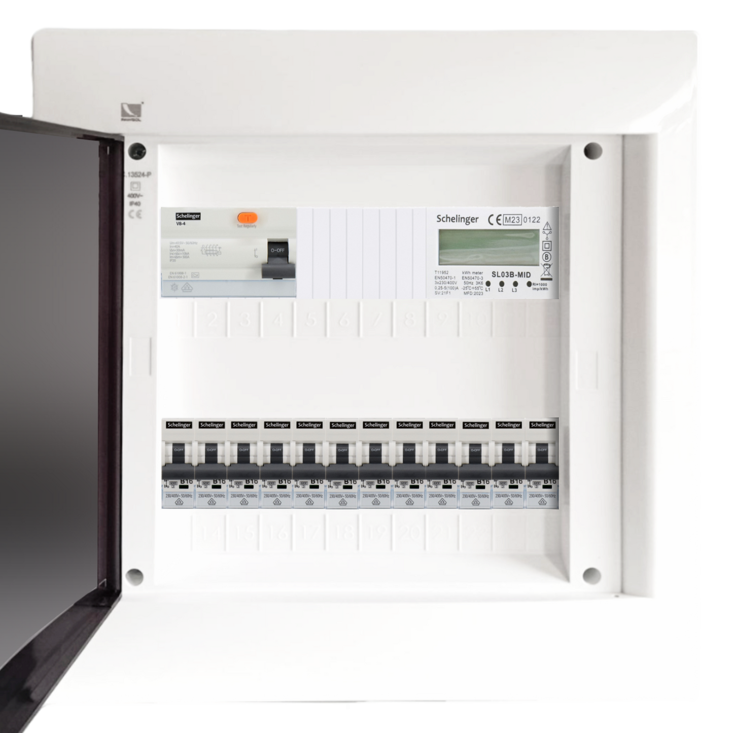 Sicherungskasten, 2,3,4,5 Reihig, Aufputz, Unterputz, Hohlwand, verdrahtet, VDE 1 x FI 40A/30mA + 12 x 1P LS B16