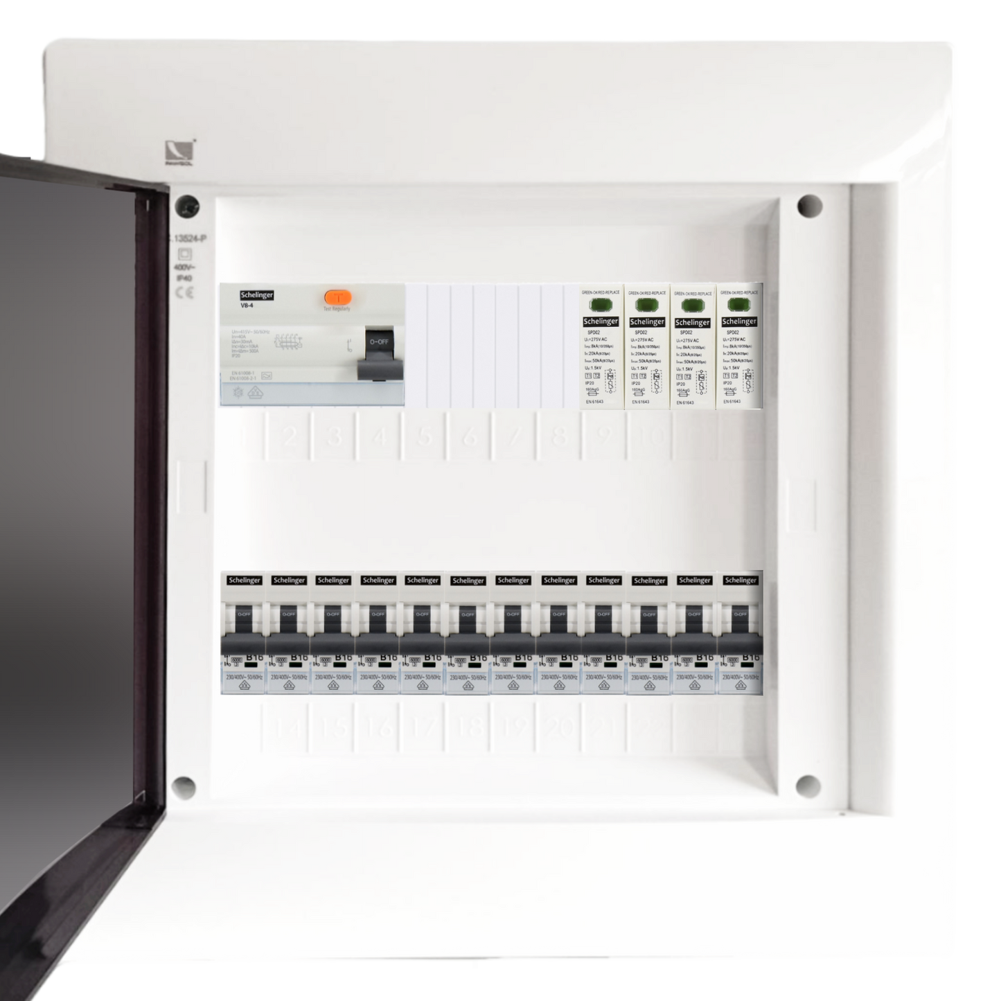 Sicherungskasten, 2,3,4,5 Reihig, Aufputz, Unterputz, Hohlwand, verdrahtet, VDE 1 x FI 40A/30mA + 12 x 1P LS B16