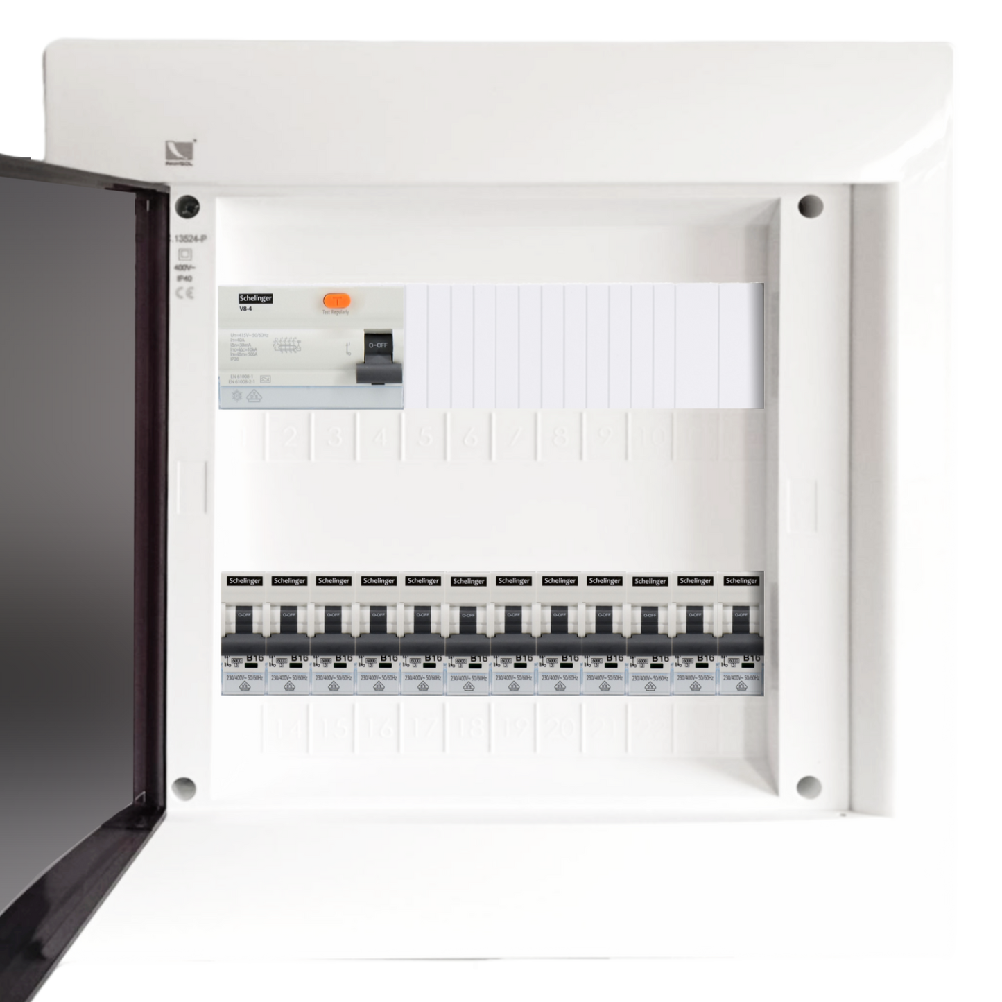 Sicherungskasten, 2,3,4,5 Reihig, Aufputz, Unterputz, Hohlwand, verdrahtet, VDE 1 x FI 40A/30mA + 12 x 1P LS B16