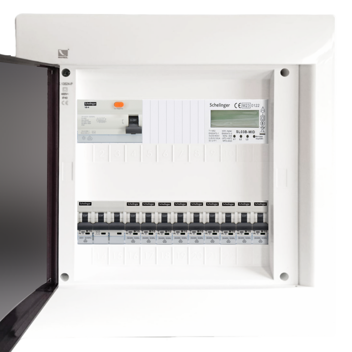 Sicherungskasten, 2,3,4,5 Reihig, Aufputz, Unterputz, Hohlwand, verdrahtet, VDE 1 x FI 40A/30mA + 1 x 3P LS B32  + 9 x 1P LS B16