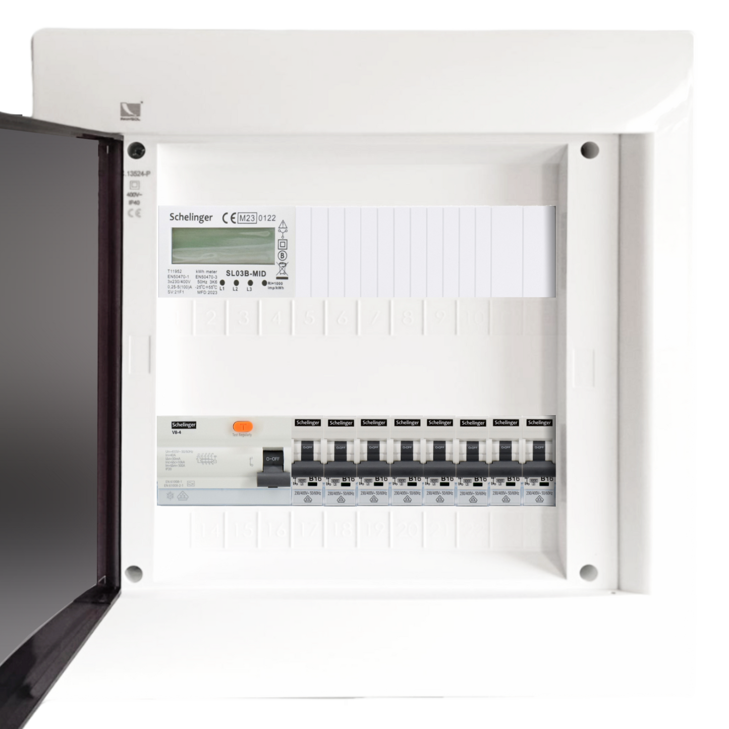 Sicherungskasten, 2,3,4,5 Reihig, Aufputz, Unterputz, Hohlwand, verdrahtet, VDE 1 x FI 40A/30mA + 8 x 1P LS B16