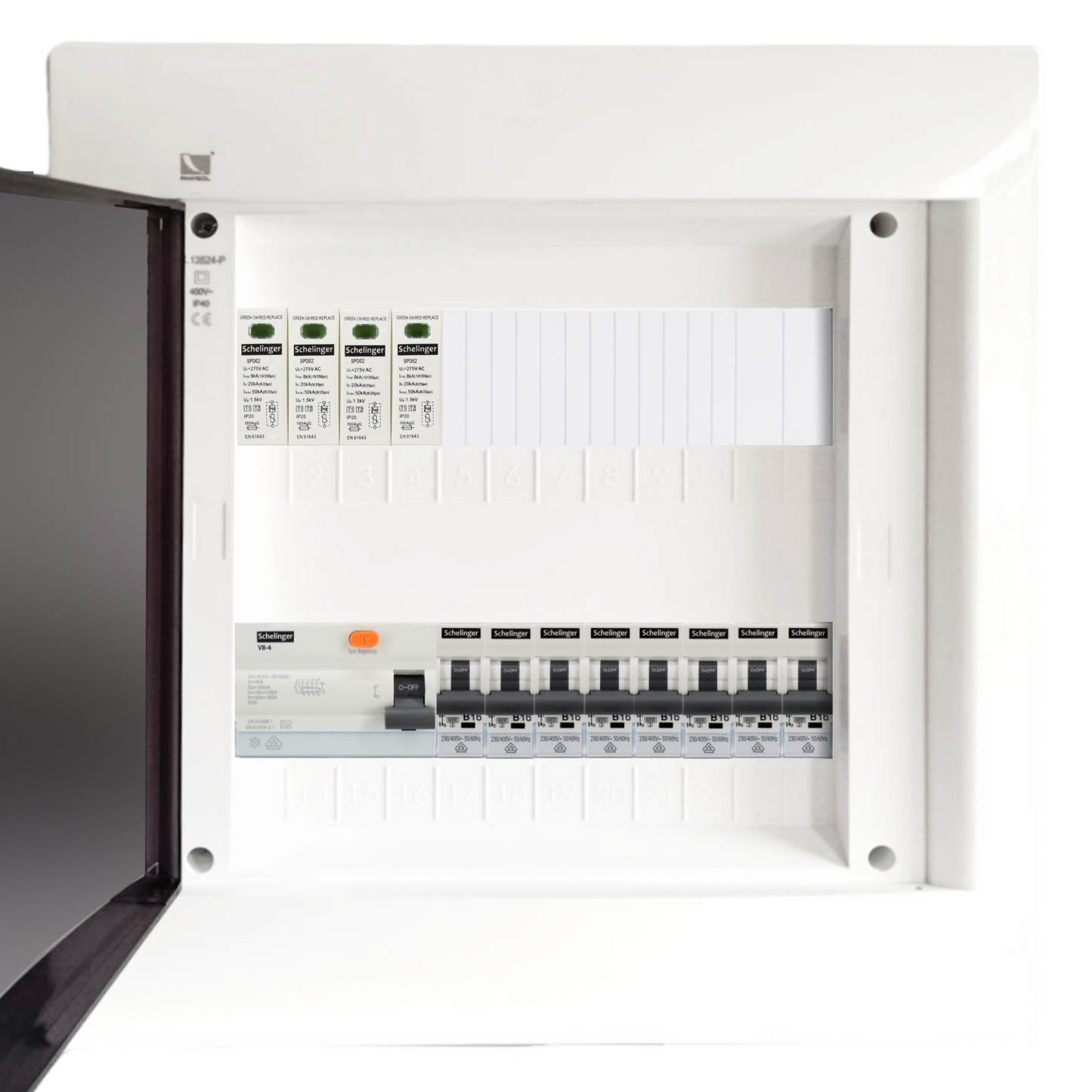 Sicherungskasten, 2,3,4,5 Reihig, Aufputz, Unterputz, Hohlwand, verdrahtet, VDE 1 x FI 40A/30mA + 8 x 1P LS B16