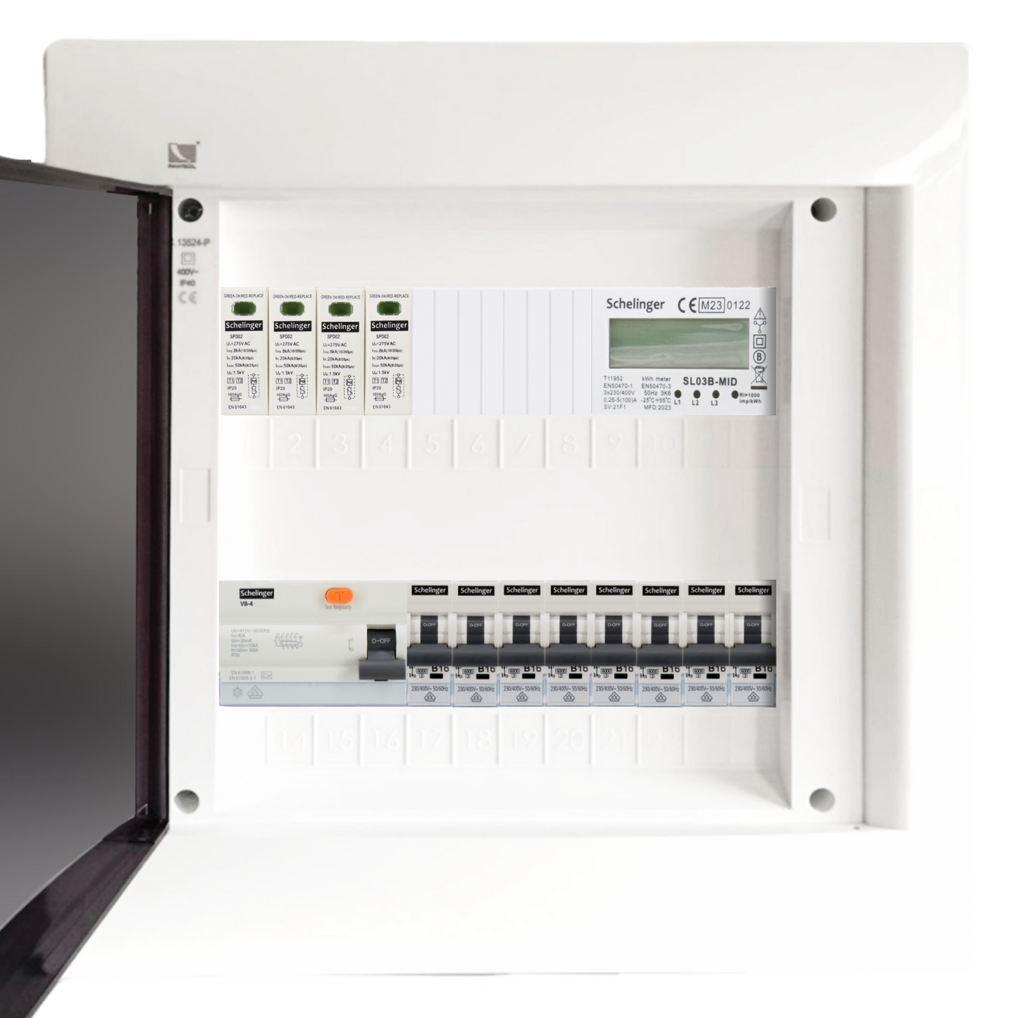Sicherungskasten, 2,3,4,5 Reihig, Aufputz, Unterputz, Hohlwand, verdrahtet, VDE 1 x FI 40A/30mA + 8 x 1P LS B16