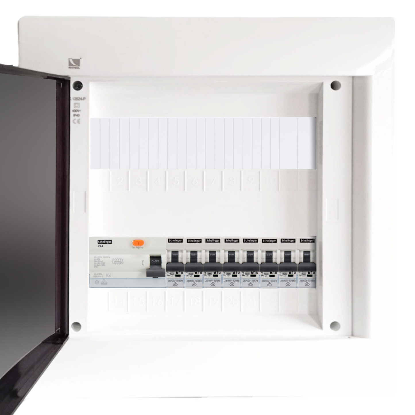 Sicherungskasten, 2,3,4,5 Reihig, Aufputz, Unterputz, Hohlwand, verdrahtet, VDE 1 x FI 40A/30mA + 8 x 1P LS B16