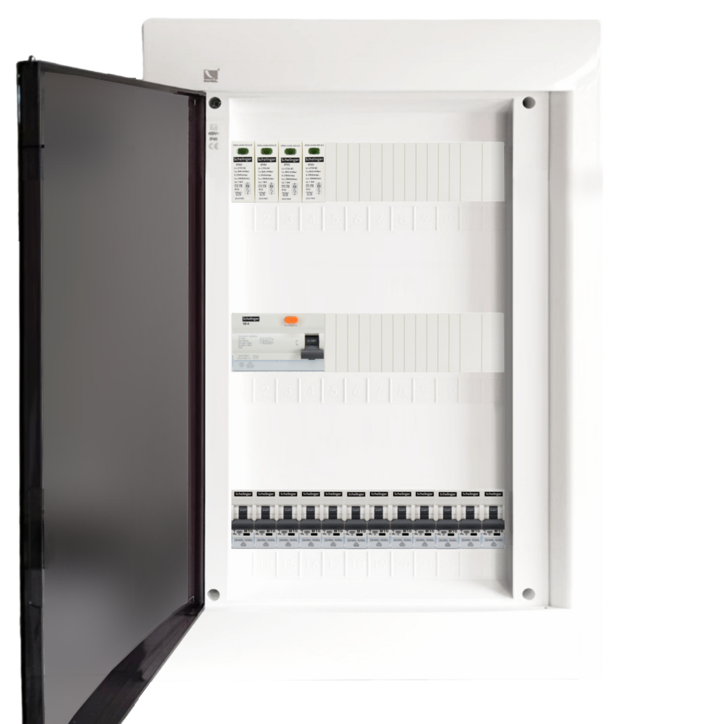 Sicherungskasten, 2,3,4,5 Reihig, Aufputz, Unterputz, Hohlwand, verdrahtet, VDE 1 x FI 40A/30mA + 12 x 1P LS B16