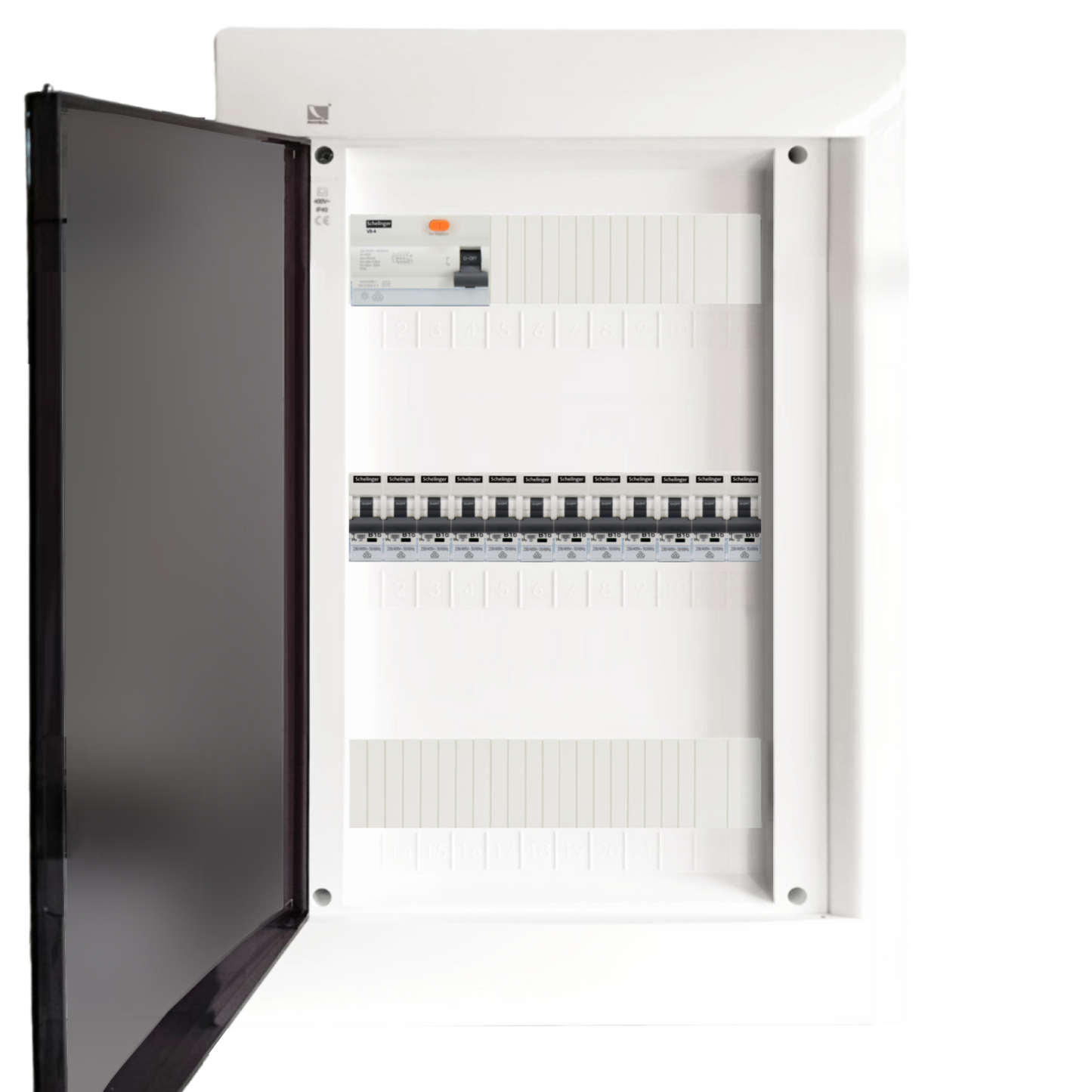 Sicherungskasten, 2,3,4,5 Reihig, Aufputz, Unterputz, Hohlwand, verdrahtet, VDE 1 x FI 40A/30mA + 12 x 1P LS B16