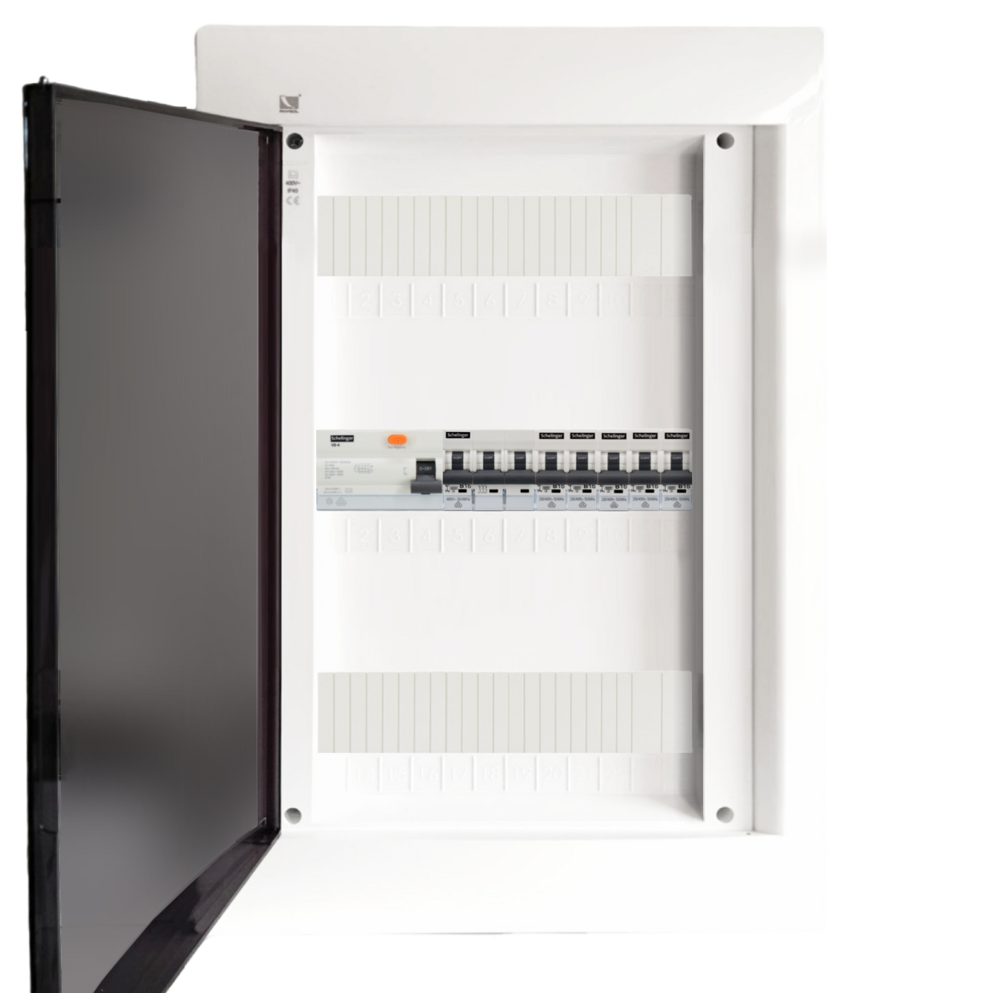 Sicherungskasten, 2,3,4,5 Reihig, Aufputz, Unterputz, Hohlwand, verdrahtet, VDE 1 x FI 40A/30mA + 1 x 3P LS B16 + 5 x 1P LS B16