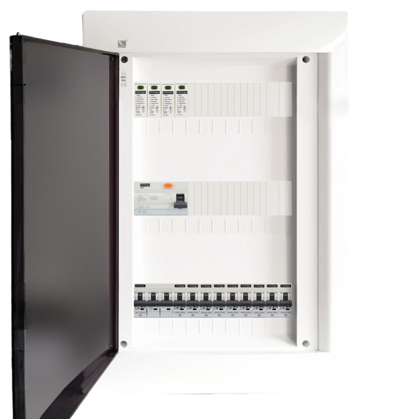 Sicherungskasten, 2,3,4,5 Reihig, Aufputz, Unterputz, Hohlwand, verdrahtet, VDE 1 x FI 40A/30mA + 1 x 3P LS B16  + 9 x 1P LS B16