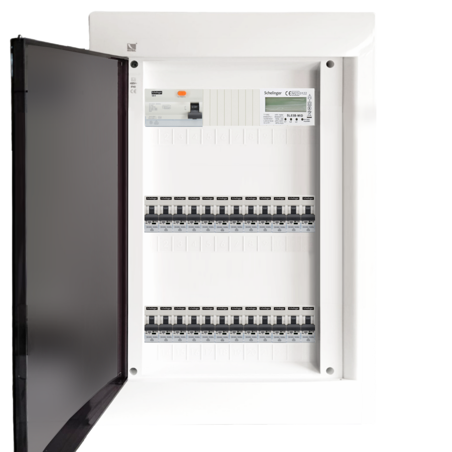 Sicherungskasten,3,4,5 Reihig, Aufputz, Unterputz, Hohlwand, verdrahtet, VDE 1 x FI 40A/30mA + 24 x 1P LS B16