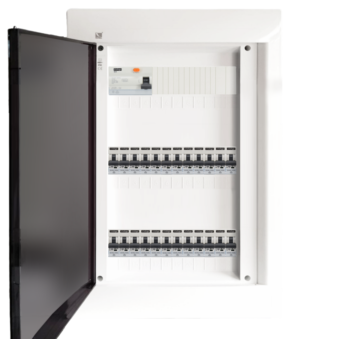 Sicherungskasten,3,4,5 Reihig, Aufputz, Unterputz, Hohlwand, verdrahtet, VDE 1 x FI 40A/30mA + 24 x 1P LS B16