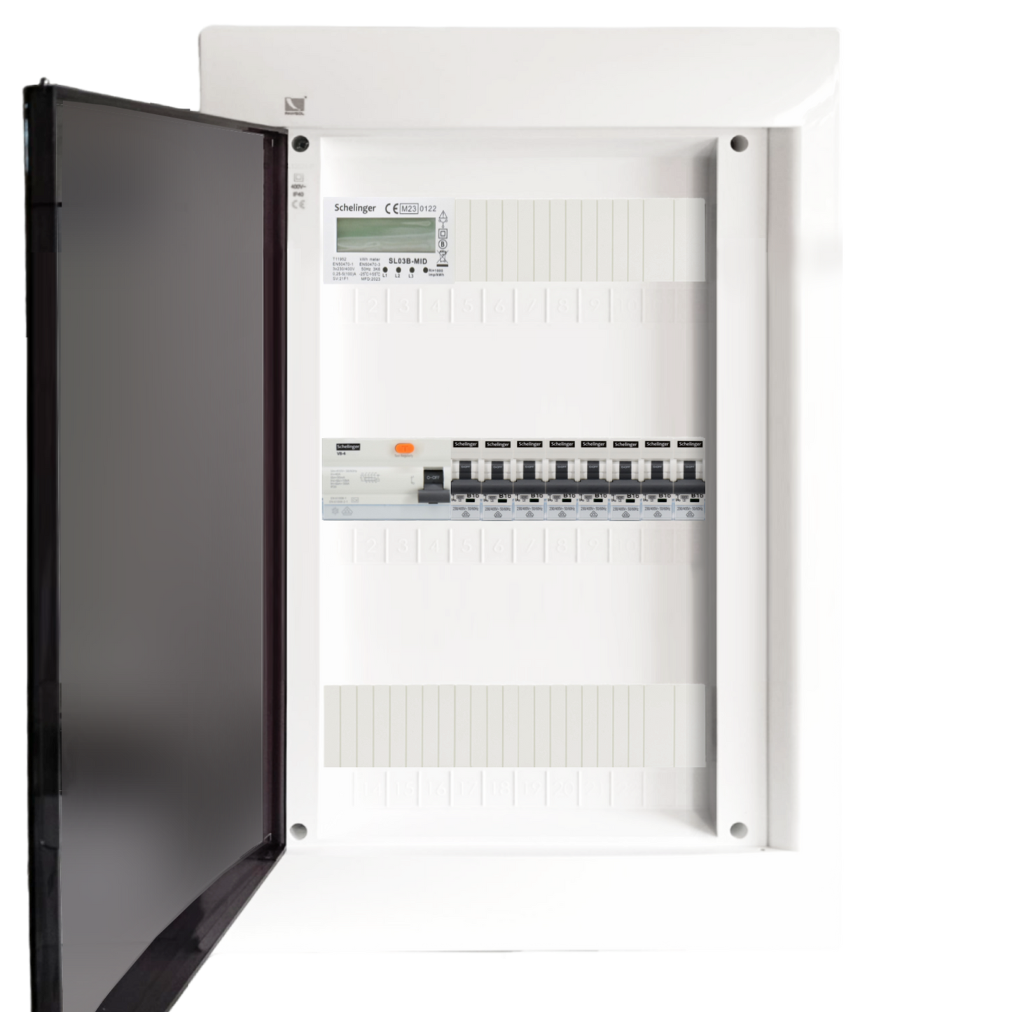 Sicherungskasten, 2,3,4,5 Reihig, Aufputz, Unterputz, Hohlwand, verdrahtet, VDE 1 x FI 40A/30mA + 8 x 1P LS B16