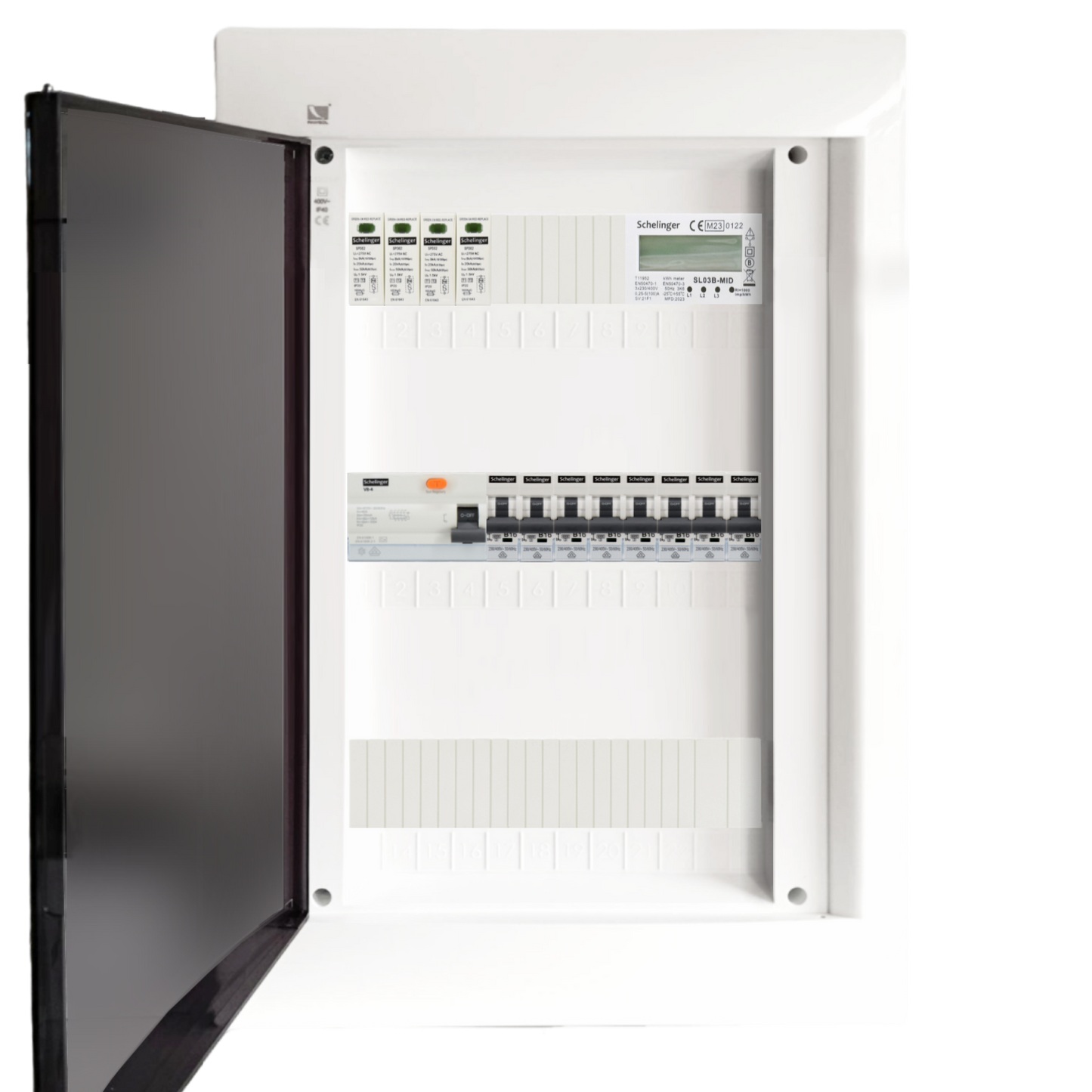 Sicherungskasten, 2,3,4,5 Reihig, Aufputz, Unterputz, Hohlwand, verdrahtet, VDE 1 x FI 40A/30mA + 8 x 1P LS B16