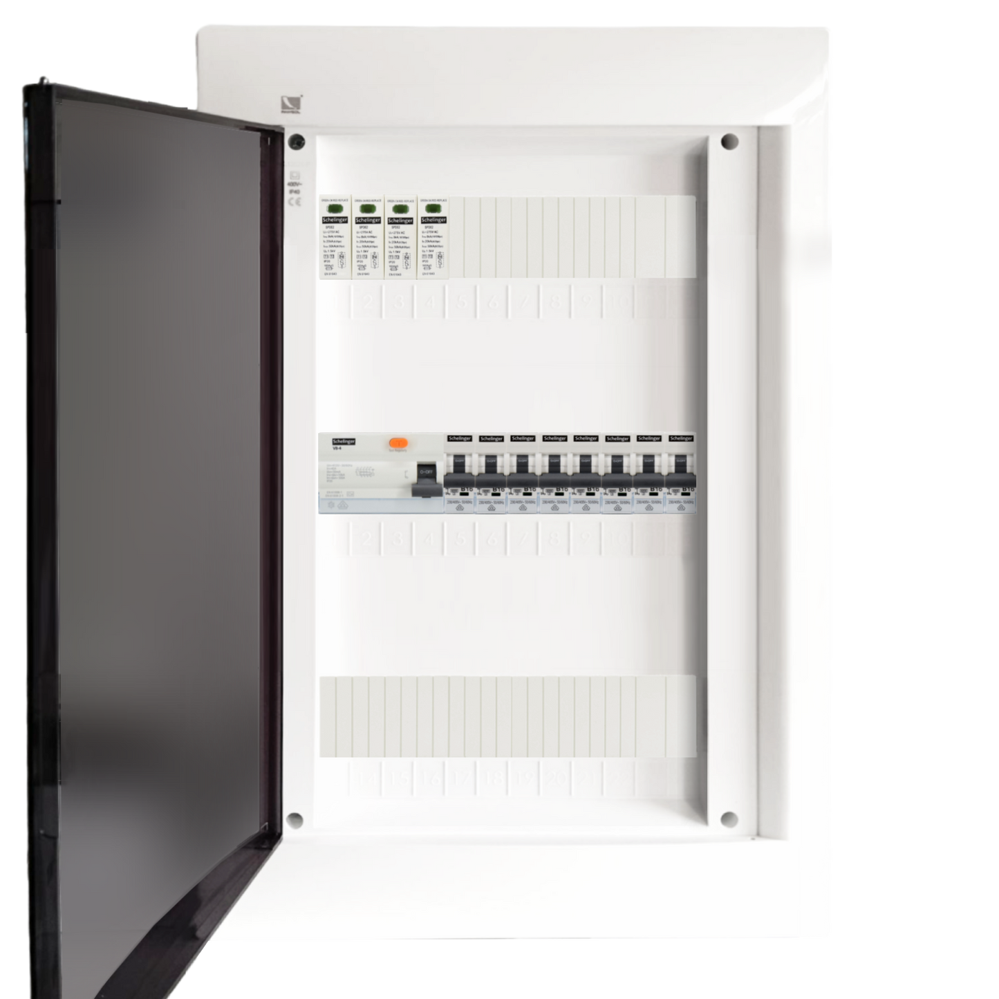 Sicherungskasten, 2,3,4,5 Reihig, Aufputz, Unterputz, Hohlwand, verdrahtet, VDE 1 x FI 40A/30mA + 8 x 1P LS B16