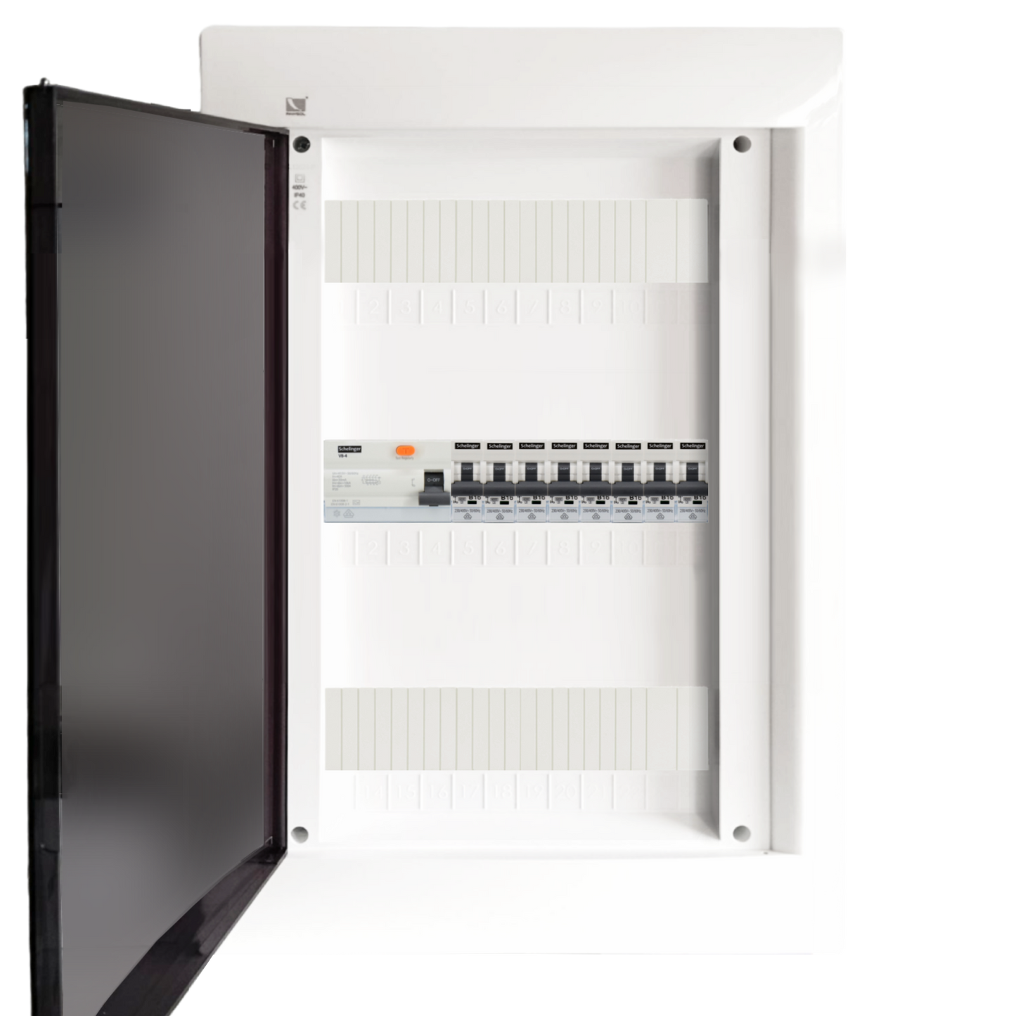 Sicherungskasten, 2,3,4,5 Reihig, Aufputz, Unterputz, Hohlwand, verdrahtet, VDE 1 x FI 40A/30mA + 8 x 1P LS B16