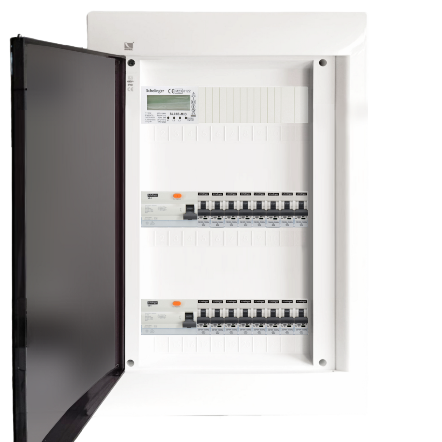 Sicherungskasten,3,4,5 Reihig, Aufputz, Unterputz, Hohlwand, verdrahtet, VDE 2 x FI 40A/30mA + 16 x 1P LS B16